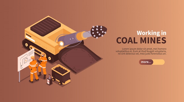 Mine isometric banner composition with slider more button editable text and human characters of coal miners illustration Free Vector
