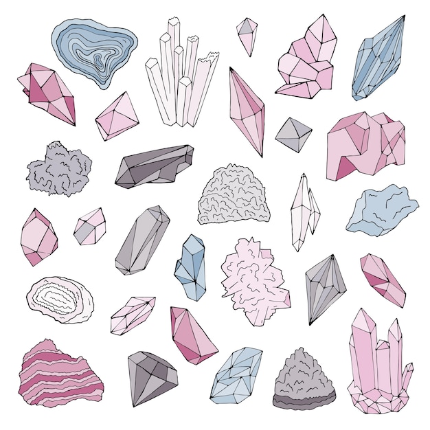 鉱物 結晶 宝石孤立したカラーイラスト手描きセット プレミアムベクター