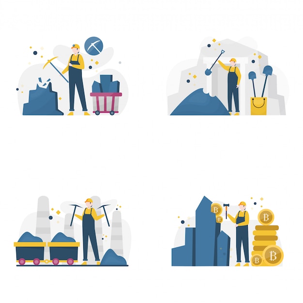 Miners are mining gold, coal and diamonds   illustration, Premium Vector