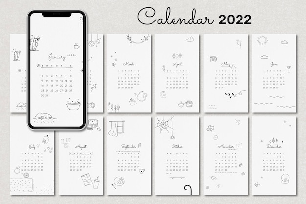 最小限の22年月間カレンダーテンプレート 落書きイラストiphone壁紙ベクトルセット 無料のベクター