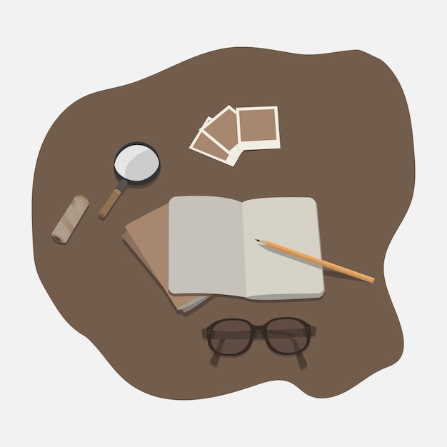 Minimal modern flat tabletop notebook spectacles magnifying glass Premium Vector