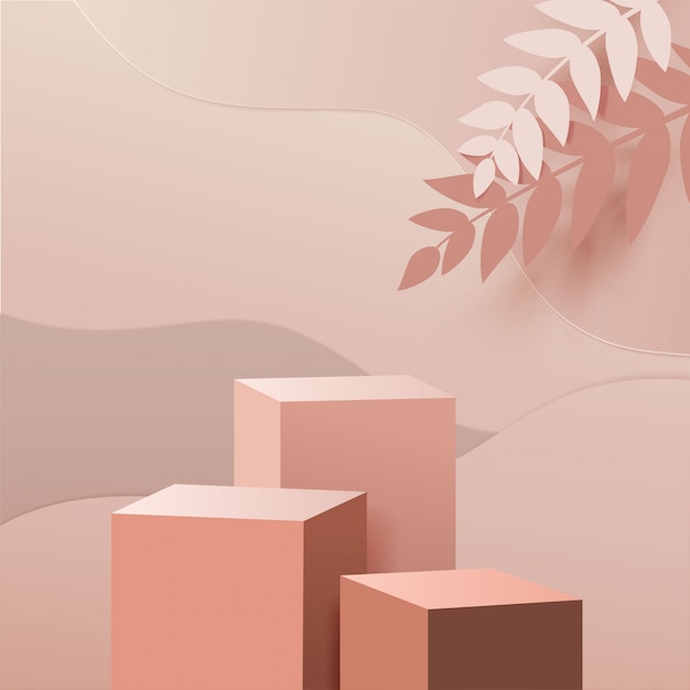 Minimal scene with geometric forms. box cube podiums in cream background with paper leave on column.
