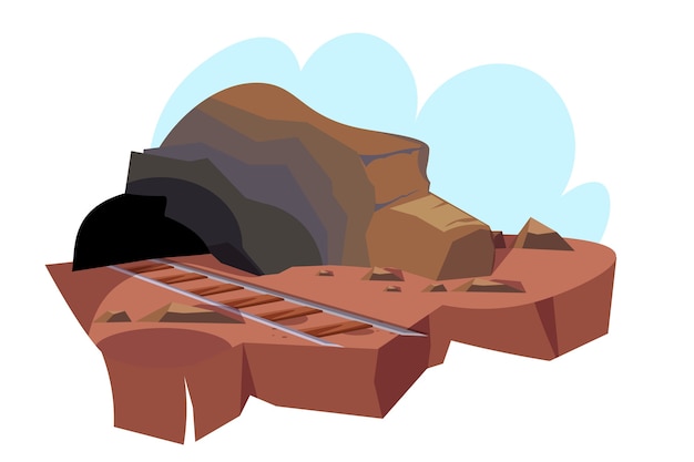 鉱山の洞窟のイラスト トンネルへの鉄道道路のある鉱山の入り口 プレミアムベクター