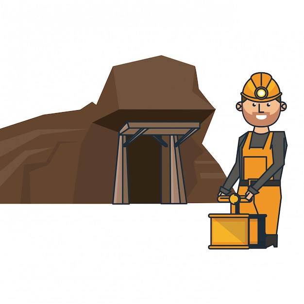 Premium Vector | Mining cave and worker with detonator