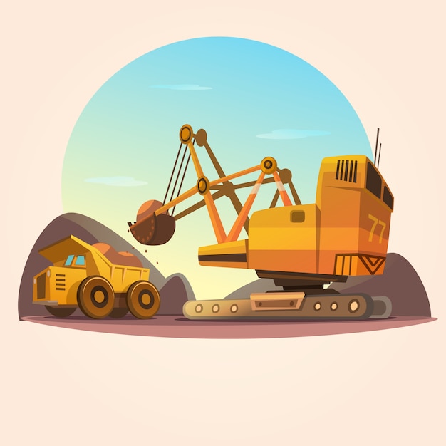 Mining concept with heavy industry machines and coal truck retro ...