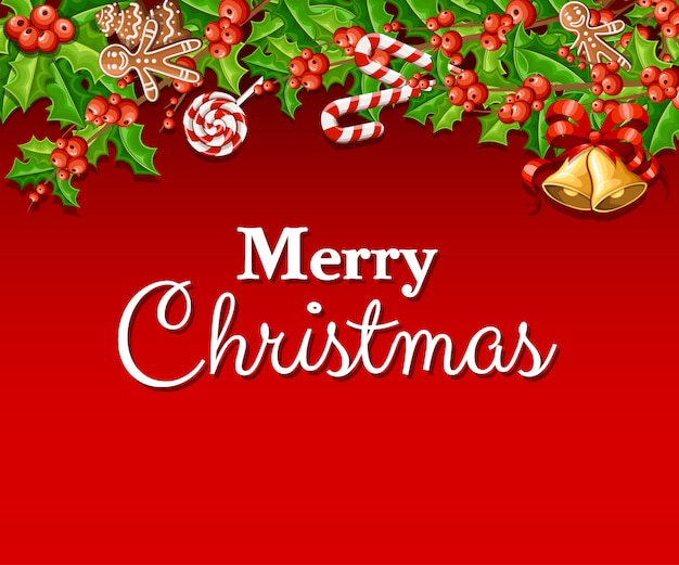 あなたのテキストのための場所で緑の葉とヤドリギと赤の弓と2つのジングルベル赤い背景のクリスマス装飾イラスト プレミアムベクター