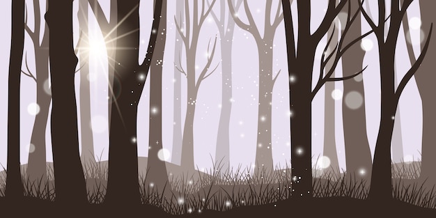 霧の森の背景 ホラー夜と魔法の光朝の森の風景 ダークファンタジー霧の木 美しい秋または夏のトランクのパノラマ ベクトルイラスト プレミアムベクター