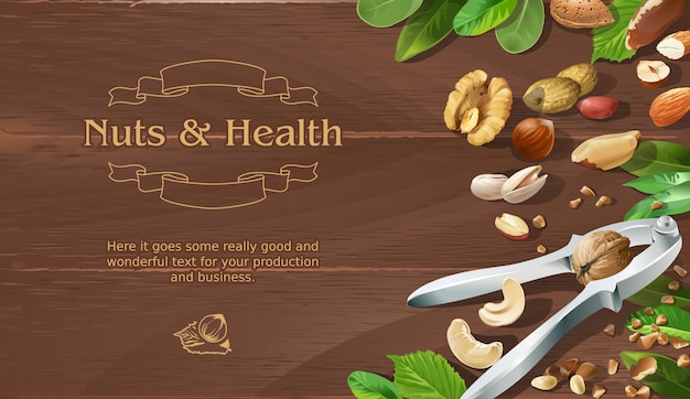 Mix of natural raw nuts on wooden background Free Vector