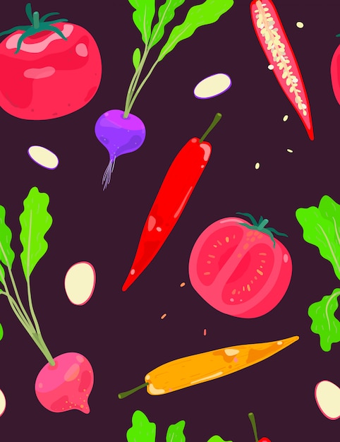 Mix vegetables radish chilli and tomato seamless pattern Premium Vector