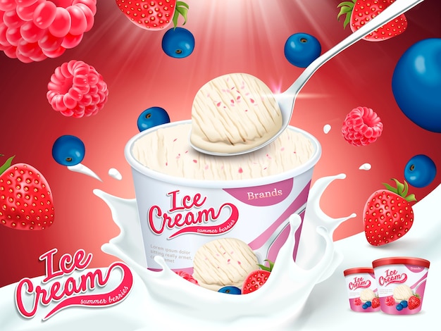 ミックスベリーアイスクリームカップの広告イラスト プレミアムベクター