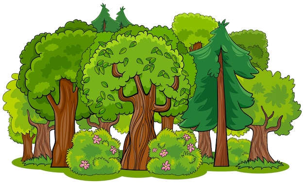 木と混交林漫画イラスト プレミアムベクター