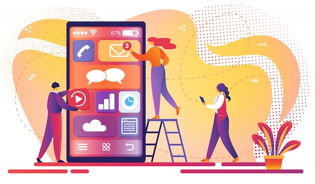Mobile application development process. teamwork. Premium Vector