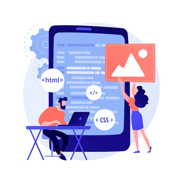 モバイルアプリケーションの開発 プログラミング言語 Css Html It Ui 男性プログラマーの漫画のキャラクターの開発ウェブサイト コーディング 無料のベクター