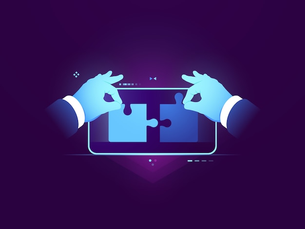 Mobile application testing, connection of two pieces of puzzle, ux ui design development concept Free Vector