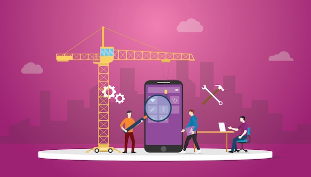 Mobile apps development technology with team developer and crane with city background and modern flat style. Premium Vector