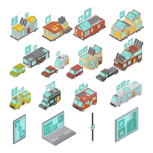 Mobile homes isometric set including electronic devices vans and houses trailers with technologies icons isolated vector illustration Free Vector