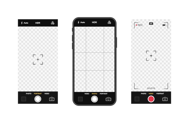 カメラインターフェイスを備えた携帯電話 モバイルアプリアプリケーション 写真とビデオ画面 イラストグラフィック プレミアムベクター