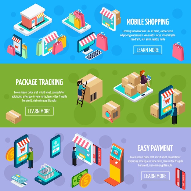 Mobile shopping isometric horizontal banners Vector | Free Download