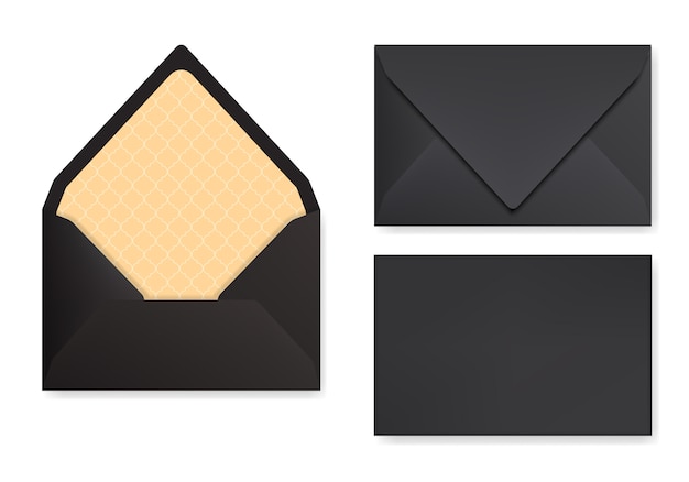 三角形フリップ付きの黒い封筒のモックアップ 正面図 閉じた状態と開いた状態の背面 プレミアムベクター