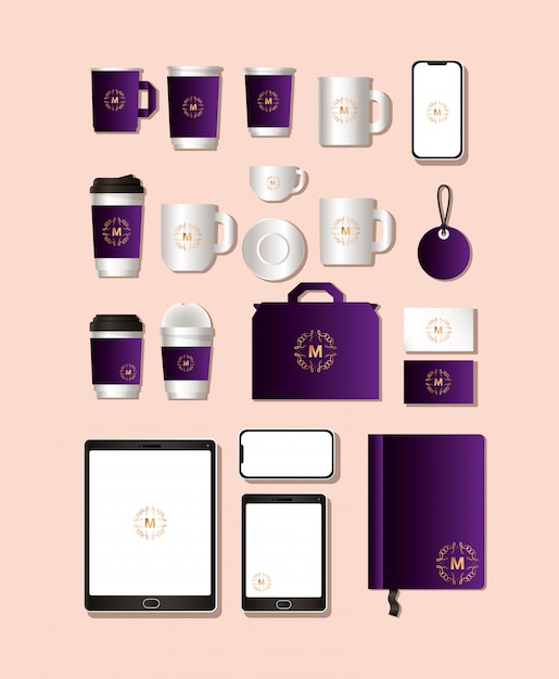 Premium Vector | Mockup set with dark purple branding