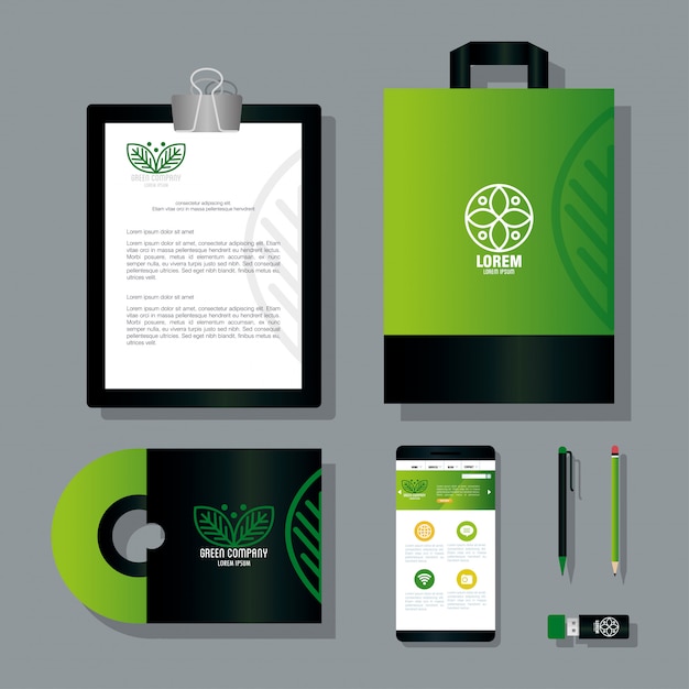 Download Mockup stationery supplies color green with sign leaves, green corporate identity | Premium Vector