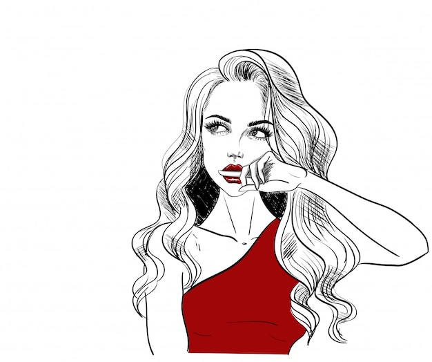 Model looking up with finger in the lips Premium Vector
