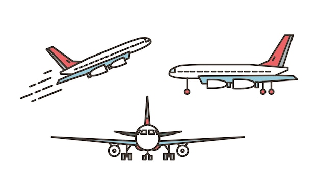 現代の飛行機 旅客機 旅客機 またはジャンボジェット機が離陸 または上昇し 白い背景で隔離された地面に立っています 正面図と側面図 ラインアートスタイルのベクトルイラスト プレミアムベクター