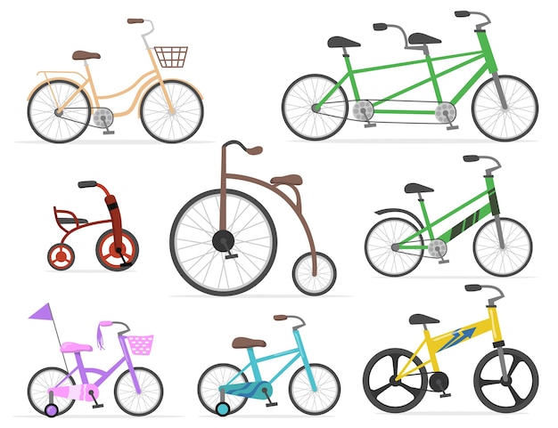 ウェブデザインのためのモダンでレトロな自転車フラットセット 明るい色で古いサイクルとかわいい自転車を描く漫画は ベクトルイラストコレクションを分離しました 輸送 サイクリング レースのコンセプト 無料のベクター