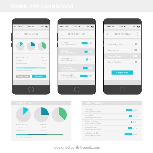 Modern app admin dashboard with flat design Free Vector
