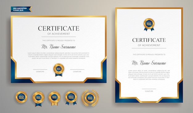 Modern blue and gold certificate of achievement template with badge Premium Vector