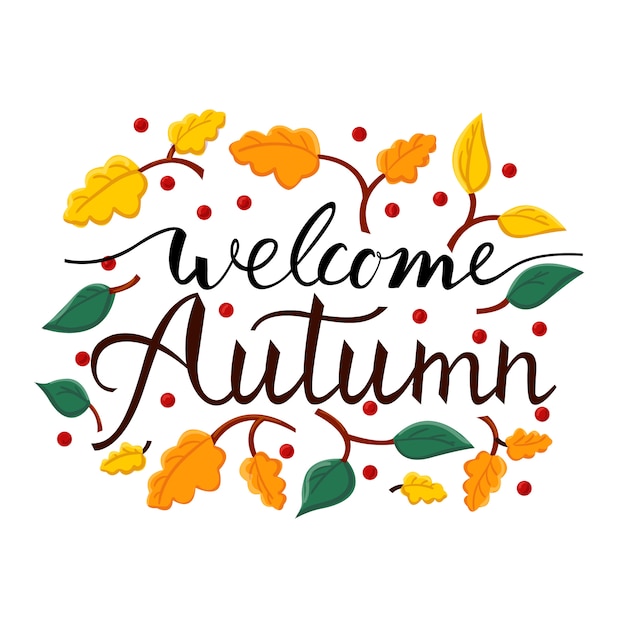 Premium Vector | Modern brush phrase welcome autumn. background with ...