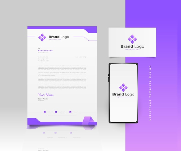 Premium Vector Modern Business Letterhead Template Design In Purple Gradient With Logo Business Card And Smartphone