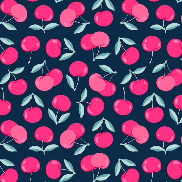 Modern cherry pattern. cute cartoon cherries on a dark blue background ...