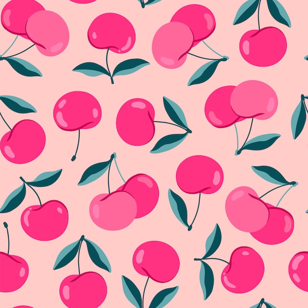 モダンな桜柄 桃の背景にかわいい漫画チェリー ピンクの明るいジューシーなベリー 手描きのシームレスパターン プレミアムベクター