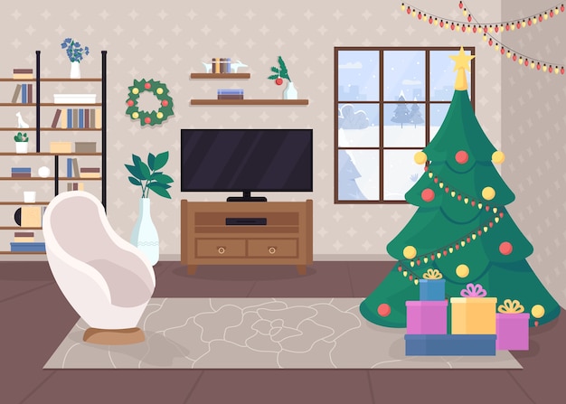 フラットカラーイラストの中のモダンなクリスマスの家 プレミアムベクター フラットカラーイラストの中のモダンなクリスマスの家 プレミアムベクター