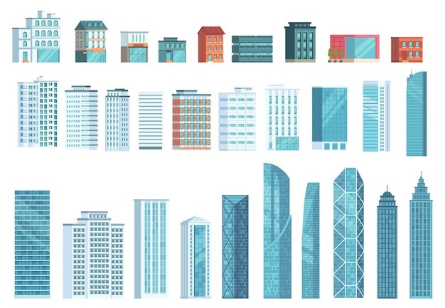 近代的な都市の建物 市の高層ビル タウンハウス 営業所の超高層ビルのイラストセット プレミアムベクター