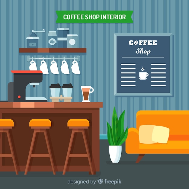 Download Modern coffee shop interior with flat design | Free Vector