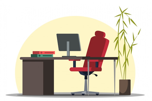 モダンで快適な職場のインテリアデザイン オフィスの家具 デスクトップ上のコンピューター ドキュメントを含むフォルダー 赤い椅子 鉢植えの竹 室内の緑の装飾 プレミアムベクター