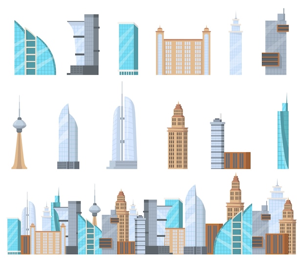 ウェブデザインのための現代の商業超高層ビルフラットセット 都市の孤立したベクトルイラストコレクションの漫画高層複合体 建物のファサードとビジネスアーキテクチャの概念 無料のベクター