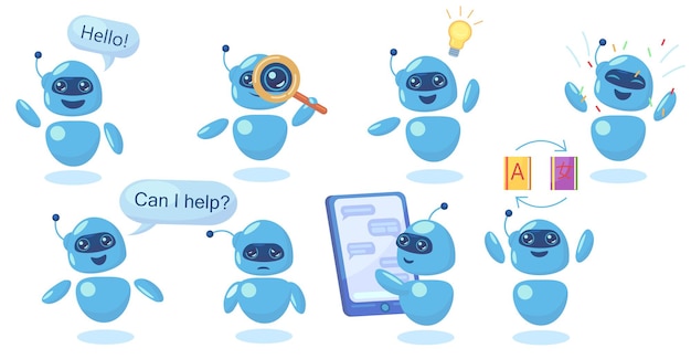 Modern cute chatbot in different poses flat set Free Vector