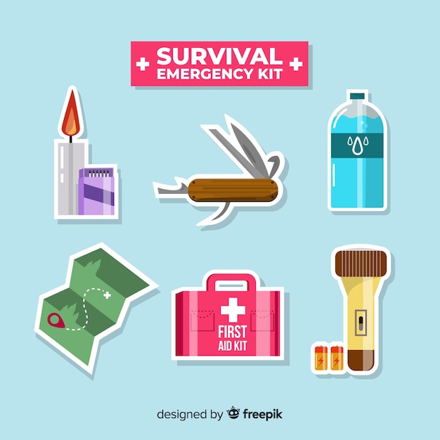 Modern emergency survival kit in flat design Free Vector