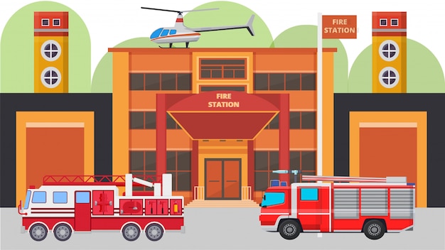 近代的な消防署の建物のファサードと消防車のイラスト 緊急事態に備えた装備 望楼 ヘリコプター ガレージを備えた消防車 プレミアムベクター