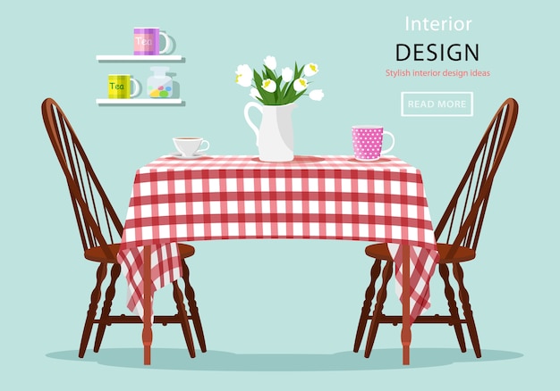 Premium Vector Modern Graphic Of Dining Table With Chairs Cups And Flowers Kitchen And Cafe Interior Illustration Table With Red And White Checked Cloth