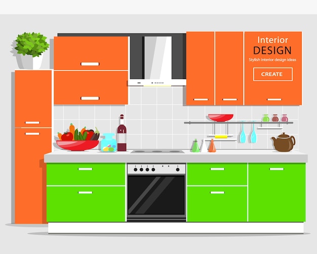 Premium Vector | Modern Graphic Kitchen Interior . Colorful Kitchen ...