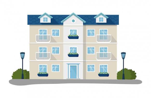 モダンな家のイラスト 漫画フラットホームアパート 住宅のファサードの外観は 白で隔離アイコンを設定 プレミアムベクター