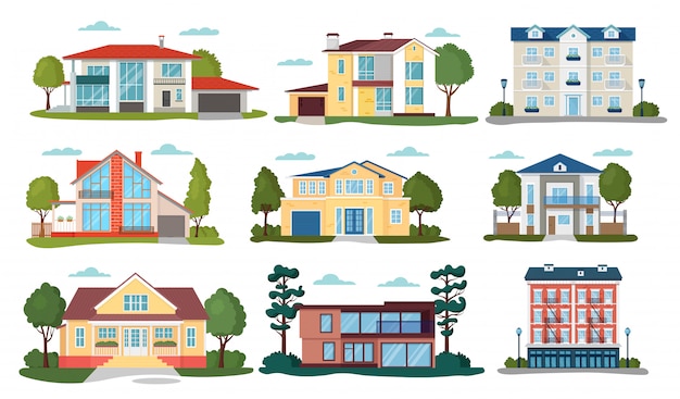 Premium Vector Modern House Illustrations Cartoon Flat Home Apartment Facade Exterior Of Residential Building Set Icons Isolated On White