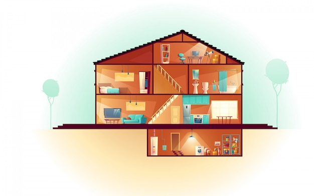 Modern house, three-storey cottage cross section interiors cartoon with