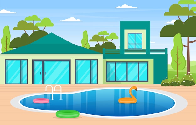 Premium Vector | Modern house villa exterior with swimming pool at backyard  illustration