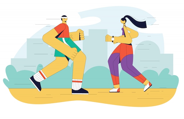 公園で走っている人のモダンなイラスト 男と女が有酸素運動をしている プレミアムベクター