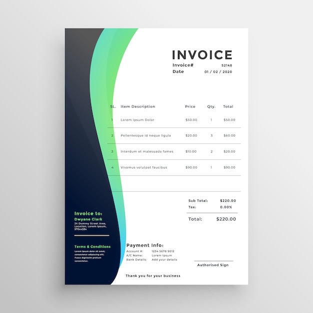 Modern Invoice Template In Wavy Style Free Vector